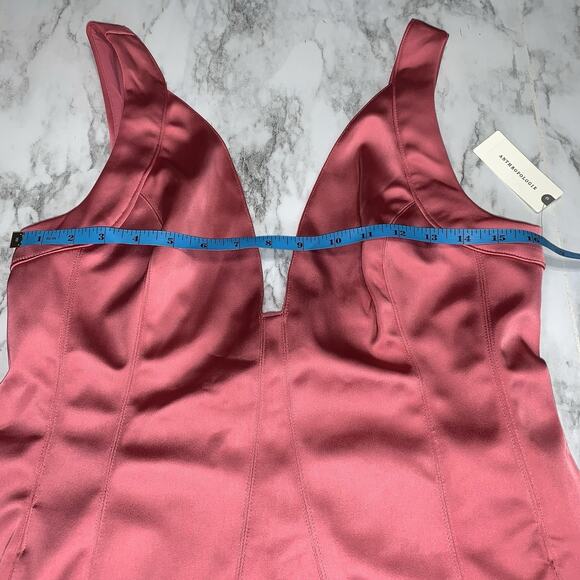 Anthropologie Sleeveless Plunge Satin Mini Dress Womens US Size 12 Pockets Pink - Picture 4 of 11